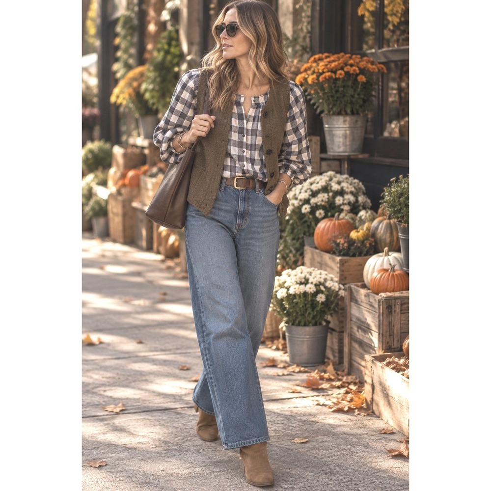 The Great gingham puff XS/S jeans top fall layering jeans top peasant charm ec